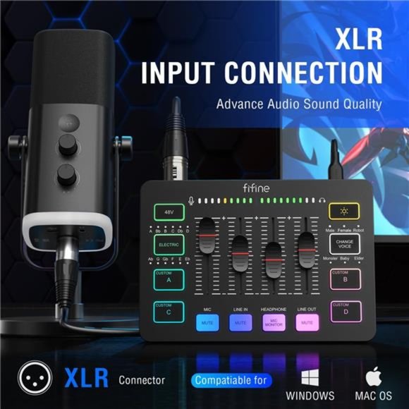 Gaming Audio Mixer, Streaming RGB PC Mixer with XLR Microphone Interface - Picture 2 of 7